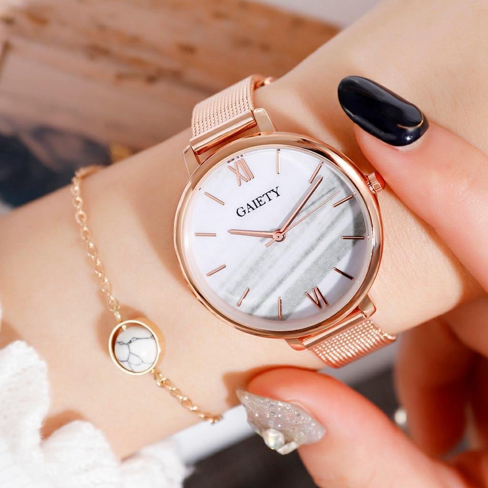 Montre Quartz Casual Femme en Or Rose avec Bracelet en Maille