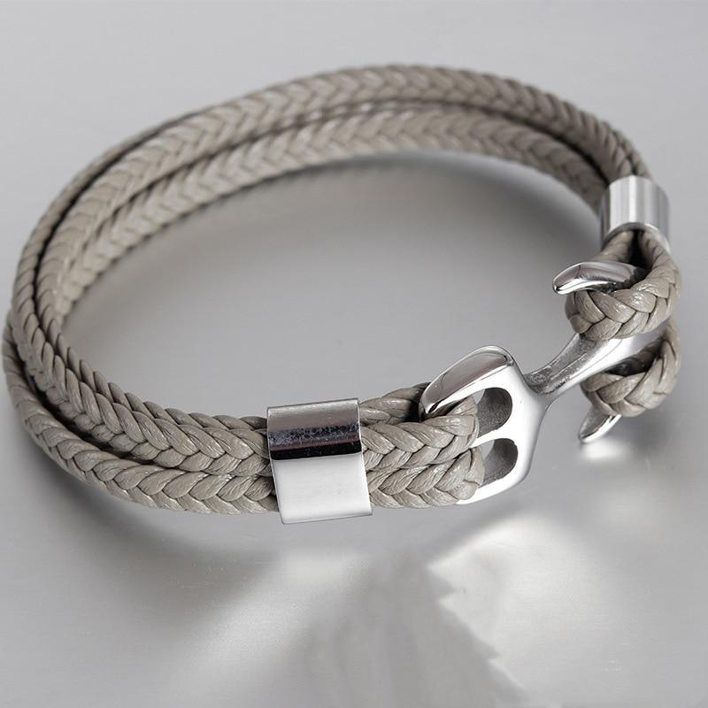 Elegant Blue Leather Bracelet for Men with Gold Anchor