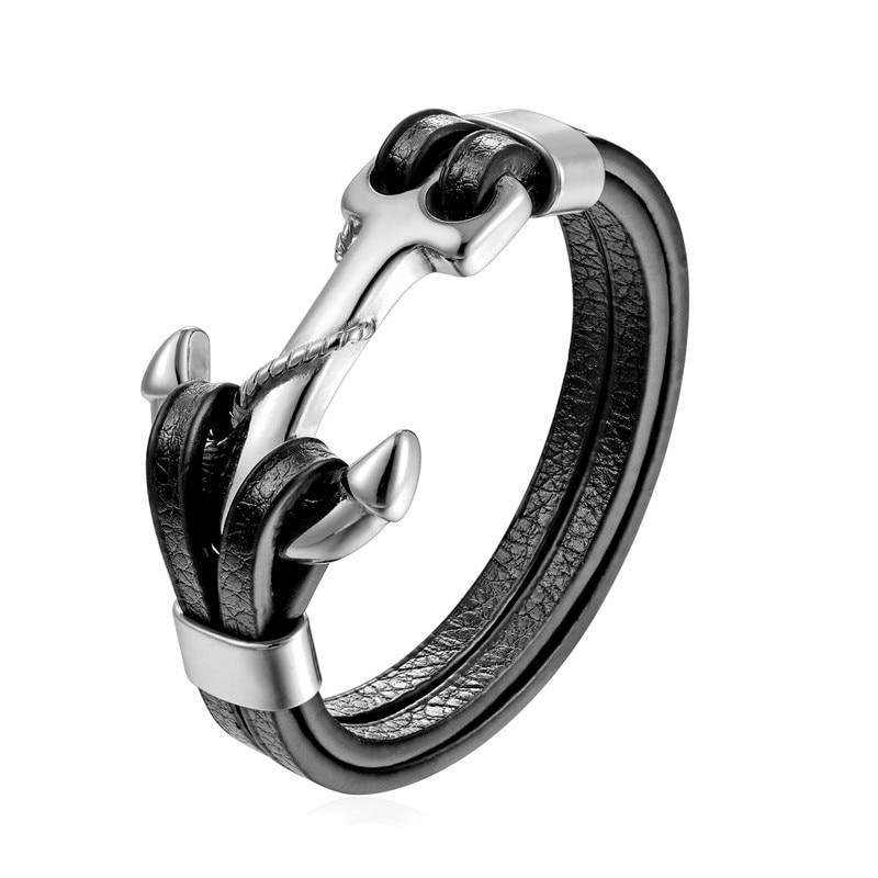 Pulsera de Ancla de Cuero Genuino con Charm de Acero Inoxidable