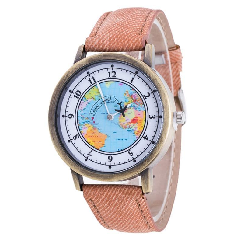 Montre à Quartz Casual Femme avec Design de Carte du Monde