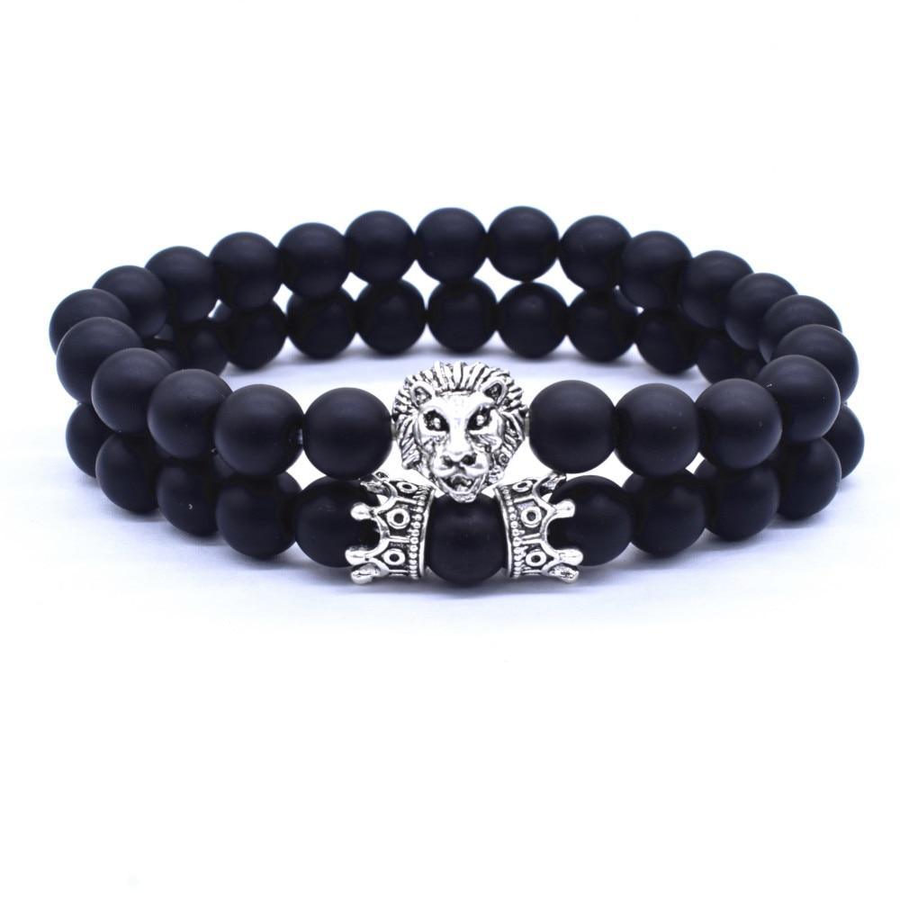 Vintage Lion Head & Crown Charm Bracelet with Lava Stone Beads