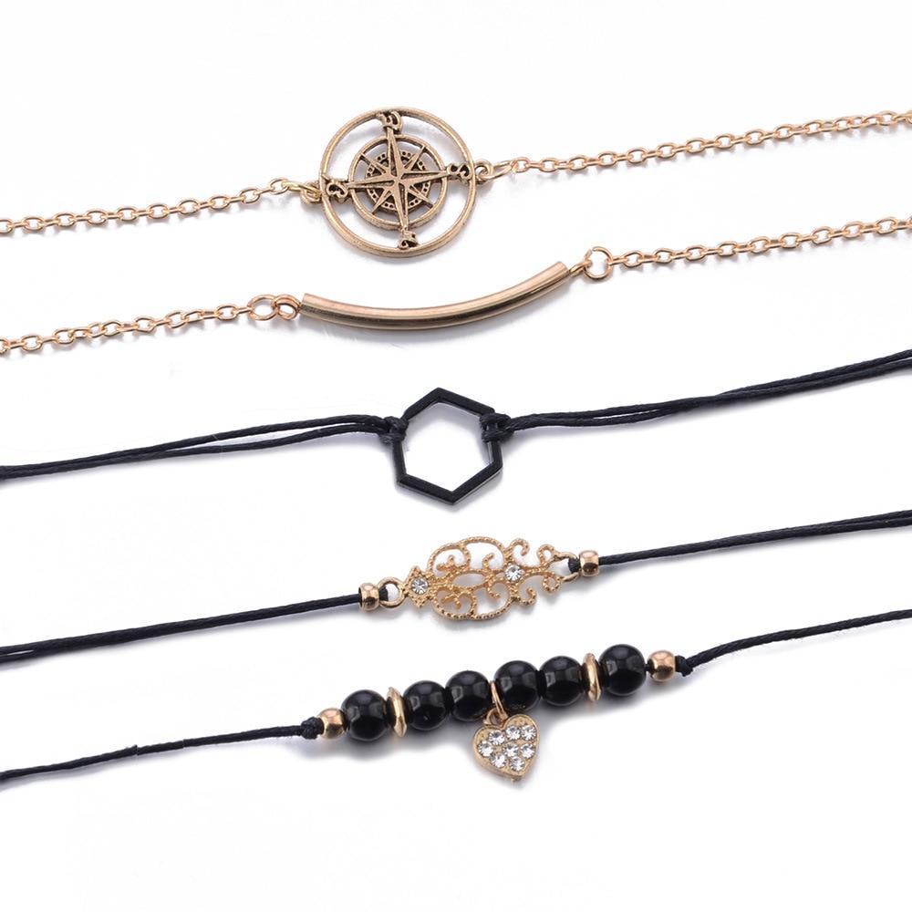 Elegant Bohemian Black Beaded Bracelets Set for Women - Heart & Compass Design in Gold - Korvel