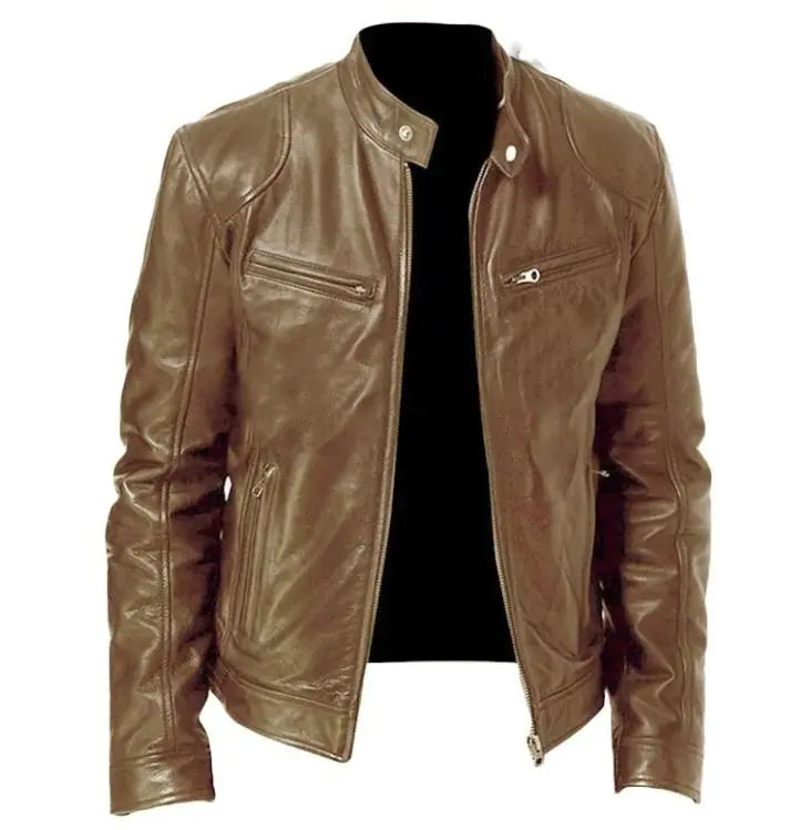 Chaqueta de Cuero PU con Cremallera para Hombre con Cuello Alto