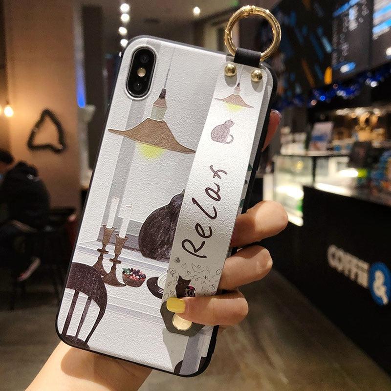 Cartoon Cat Wrist Strap Phone Case for iPhone