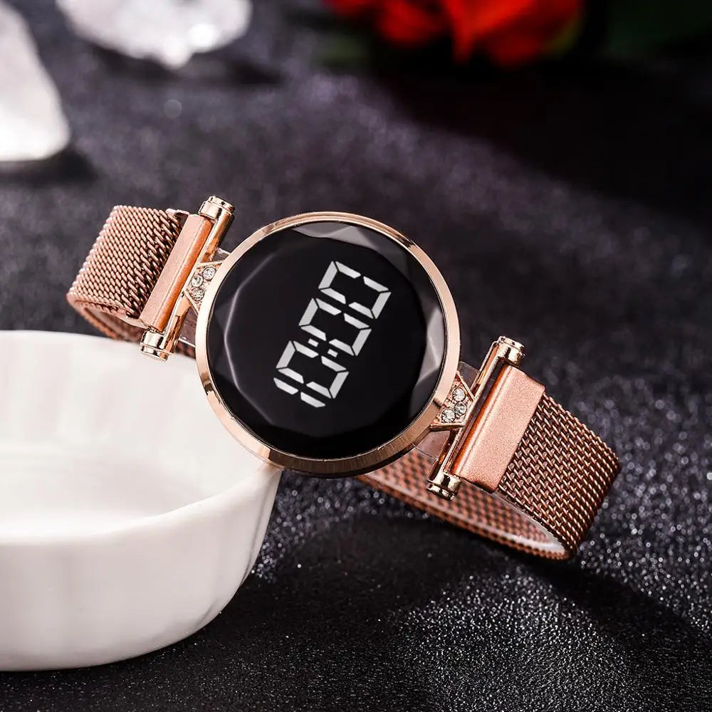 Luxury Digital Magnet Watches For Women Rose Gold Stainless Steel Dress LED Quartz Watch Female Clock Relogio Feminino Drop Ship - Korvel