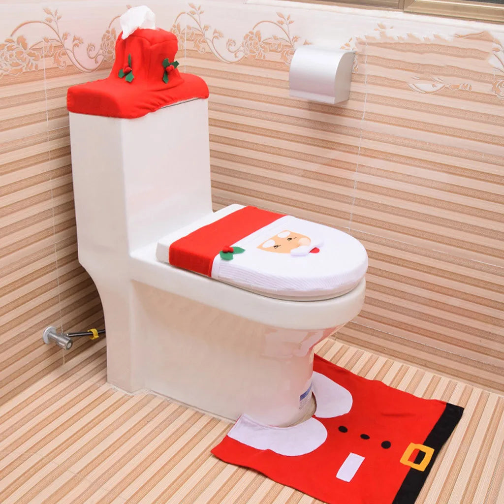 3PC Christmas Closestool Cover Santa Claus Toilet Seat And Tissue Cover Set Christmas Decorations For Bathroom Mat kerst decorat - Korvel