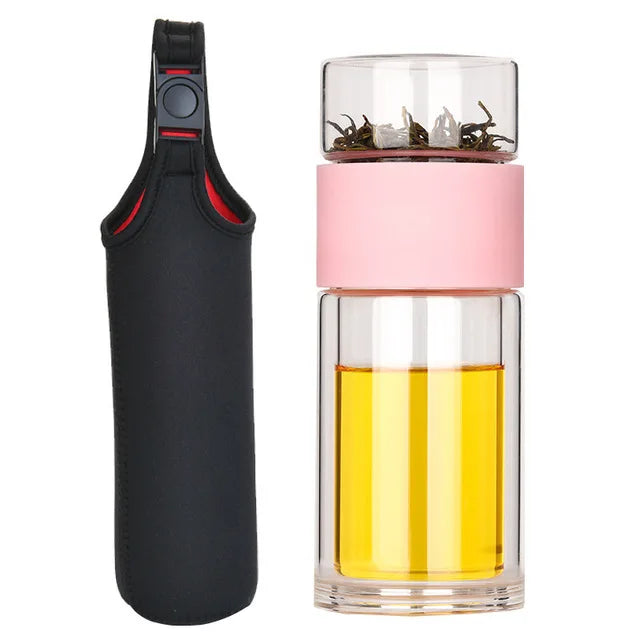 Portable Double Wall Glass Tea Mug Coffee Travel Cup Infuser Drink Bottle Tumbler Drinkware Eco-Friendly - Korvel
