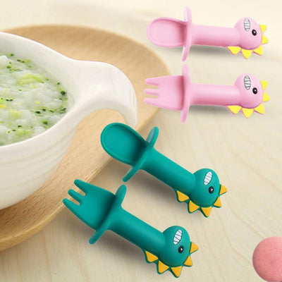 Soft Silicone Baby Feeding Spoon and Fork Set - Cartoon Dinosaur
