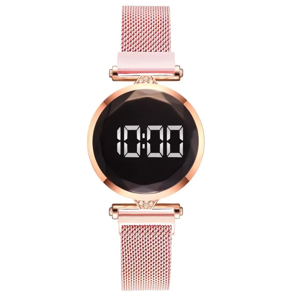 Luxury Digital Magnet Watches For Women Rose Gold Stainless Steel Dress LED Quartz Watch Female Clock Relogio Feminino Drop Ship - Korvel