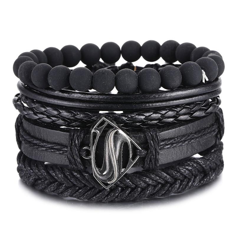 Vintage Black Bead Leather Bracelet for Men and Women