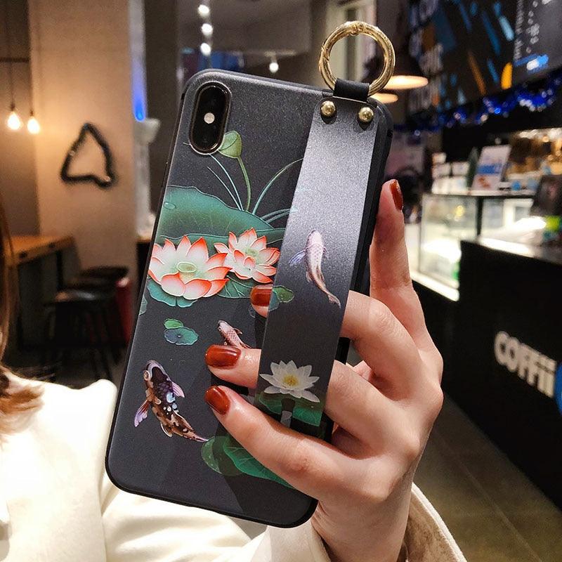 Cartoon Cat Wrist Strap Phone Case for iPhone