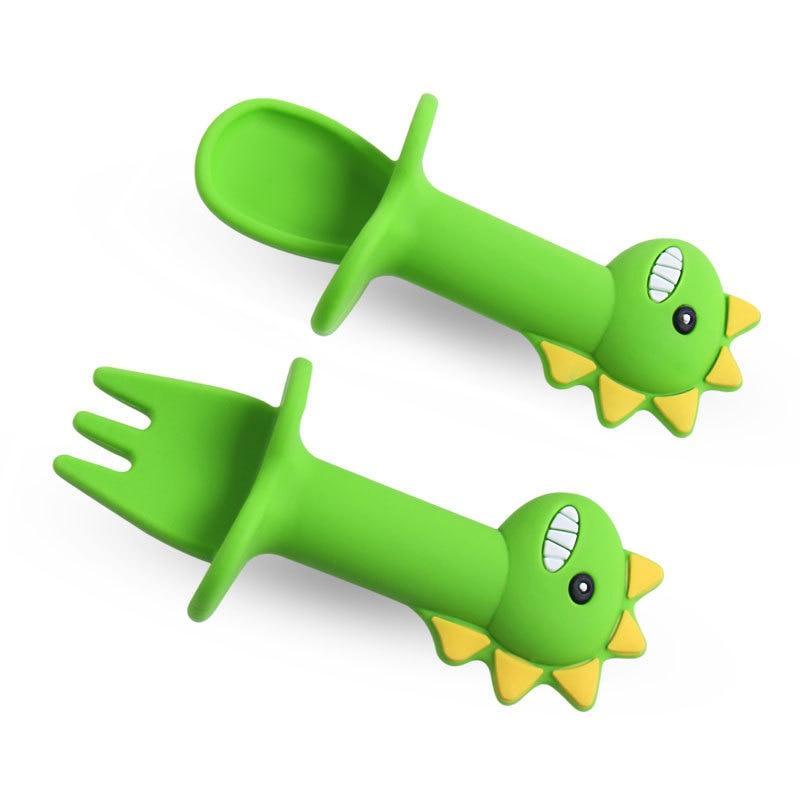 Soft Silicone Baby Feeding Spoon and Fork Set - Cartoon Dinosaur
