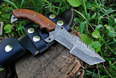 Premium Damascus Tanto Tracker Knife with Luxurious Rosewood Handle - 10 Inches, Multi-Functional Serrated Blade - Korvel