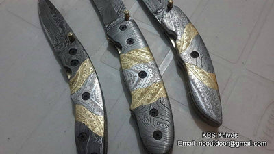 TriGuard Collection: Set of 3 Handcrafted Damascus Steel Folding Knives with Elegant Steel and Brass Handles - Korvel