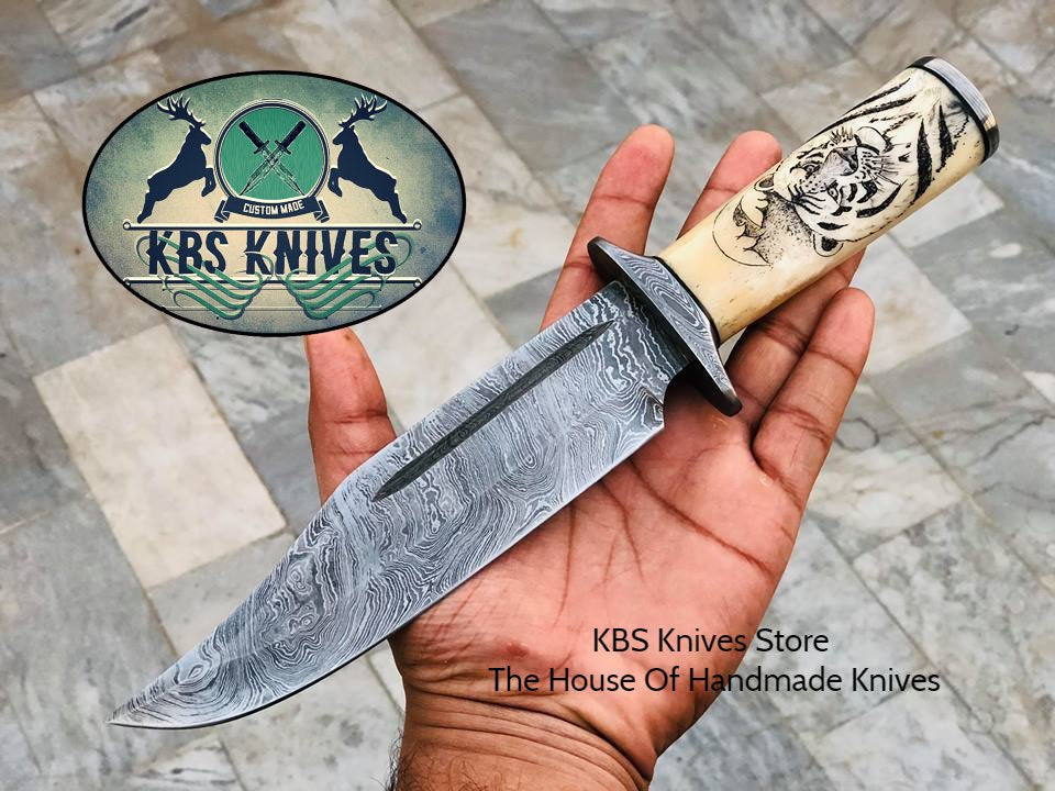 Custom Handcrafted Damascus Bowie Knife - Engraved Bone Handle, 12" | Premium Leather Sheath | Personalization Available - Korvel