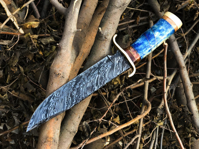 Exquisite Custom Fire Pattern Damascus Bowie Knife – Buffalo Horn & Olive Wood Handle with Leather Sheath | 13-Inch, Ideal for Hunting – KBS - Korvel