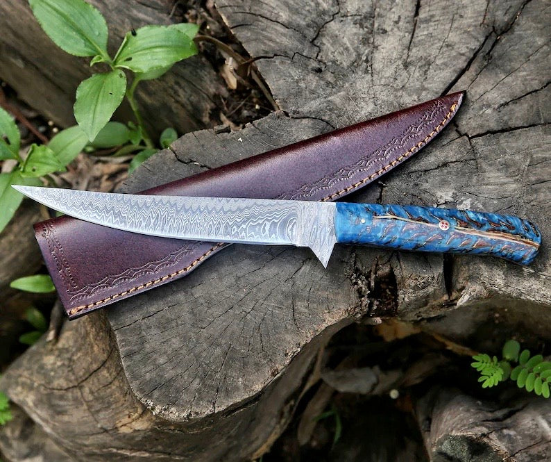Premium Custom Damascus Fillet Knife – 13” Pine Cone Grip with Leather Sheath - Korvel