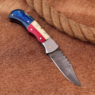 Texas Pride Damascus Steel Folding Knife – 3" Blade with Leather Sheath | Ideal Gift for Collectors - Korvel