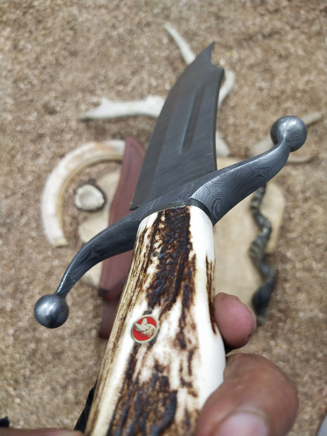 Artisan Crafted Bowie Knife with Unique Twisted Damascus Blade & Antler Handle - 15 Inches - Korvel