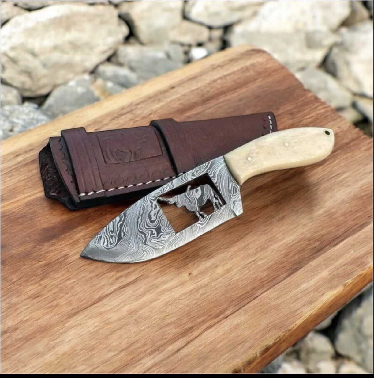 Rustic Cowboy Belt Knife – Damascus Steel & Camel Bone | 7" EDC Tool - Korvel