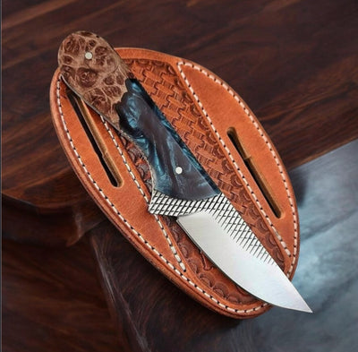 Rustic Cowboy Fixed Blade Knife – 9" Rasp Steel Outdoor Companion with Resin & Wood Handle + Leather Sheath - Korvel