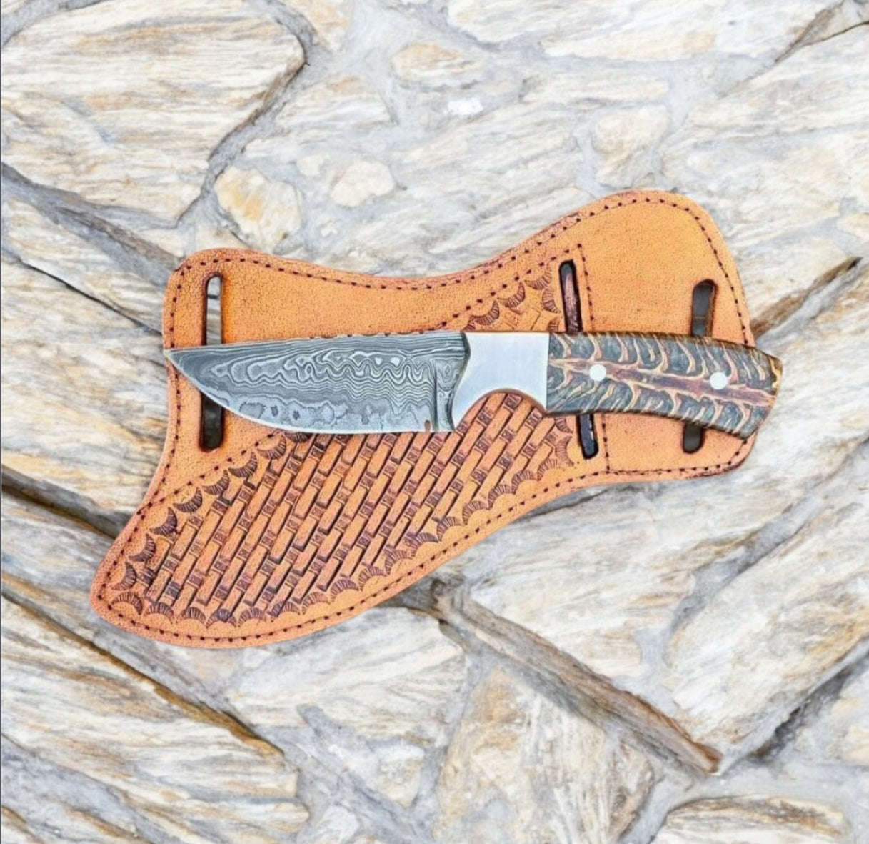 Premium Handcrafted Cowboy Knife – 8" Damascus Steel Blade with Leather Sheath - Korvel