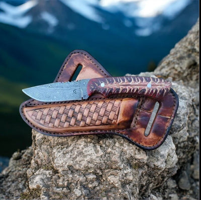 Handcrafted Rustic Cowboy Knife with Unique Leather Sheath – Pine Cone Handle & Durable Rasp Steel Blade - Korvel
