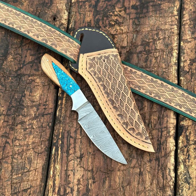 Artisan Back of Belt Knife – Exquisite Damascus Steel with Olive Wood & Resin Handle - Korvel