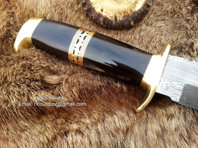 Premium Custom Bowie Knife with Damascus Steel & Buffalo Horn Handle - 13" - Korvel