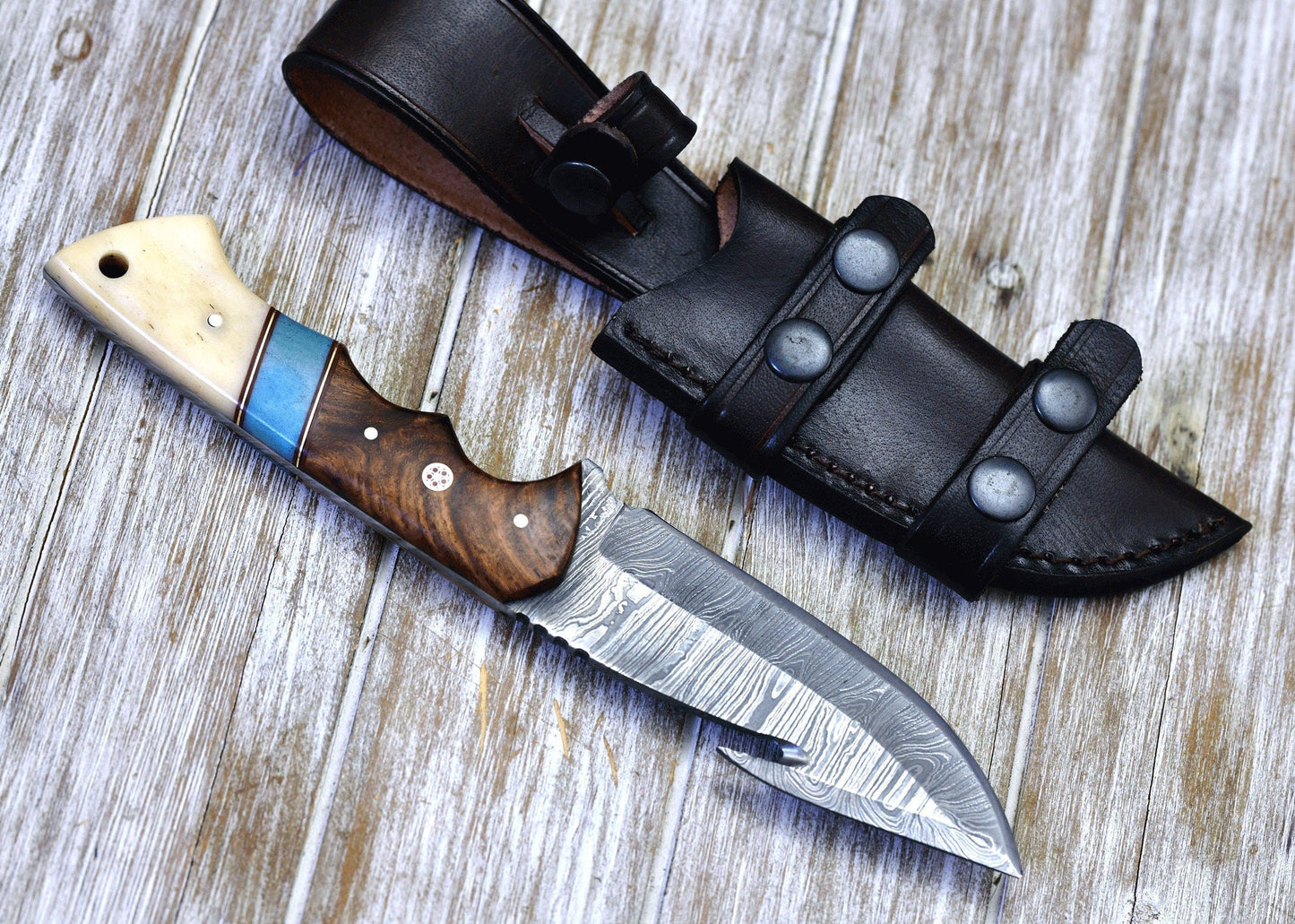 Elite Damascus Guthook Skinning Knife – Stunning Rosewood & Bone Handle – 10” Essential for Hunters - Korvel