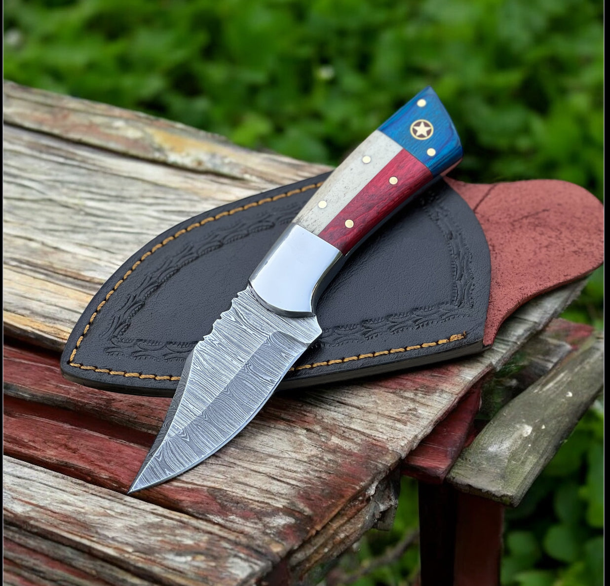 Texas Pride Custom Handmade Damascus Steel Hunting Knife with Exotic Wood and Bone Handle - Korvel