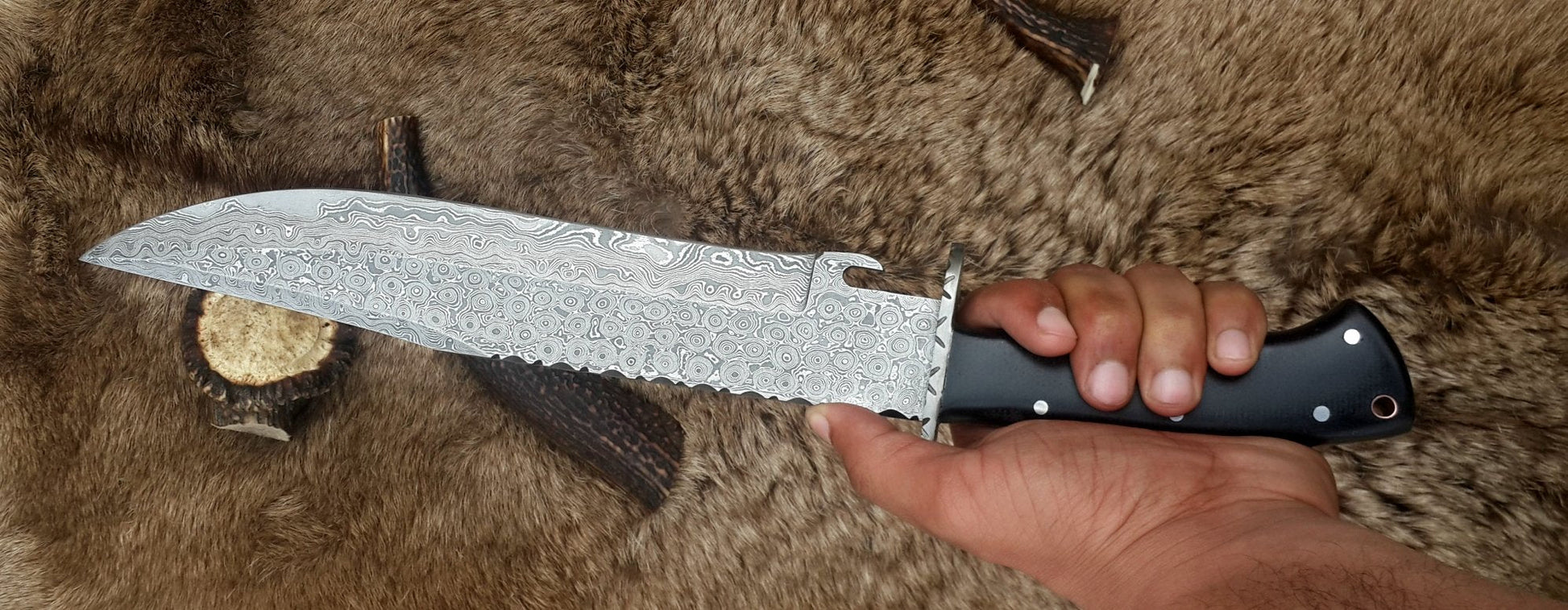 Premium Custom Wild Pig Hunter Bowie Knife - 16" Damascus Steel Blade with Black Micarta Handle - Korvel