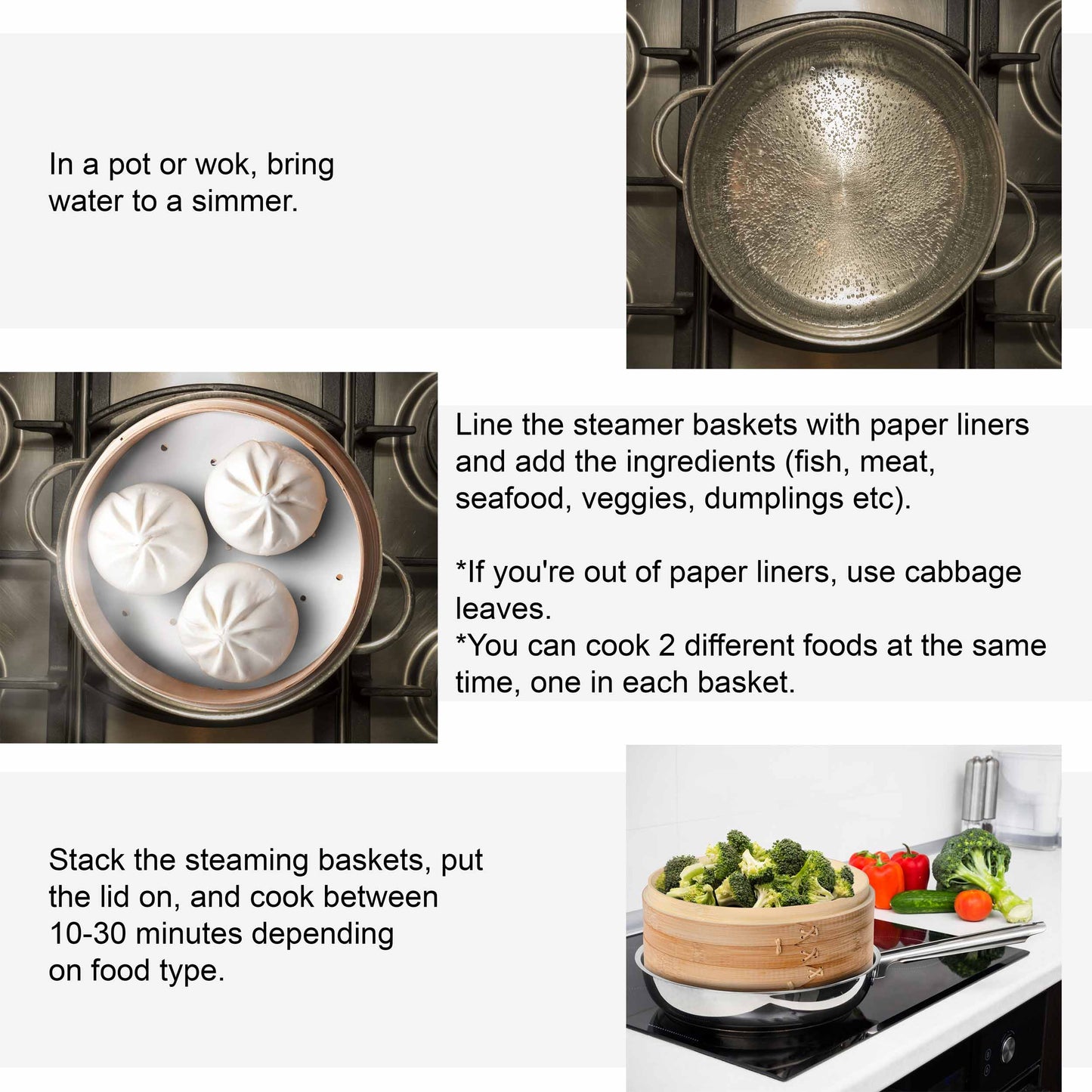 Bamboo Steamer Basket Set – 10" 2-Tier Dumpling & Vegetable Steamer with Accessories - Korvel