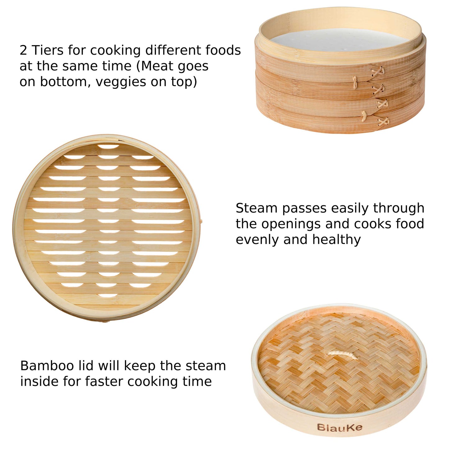 Bamboo Steamer Basket Set – 10" 2-Tier Dumpling & Vegetable Steamer with Accessories - Korvel
