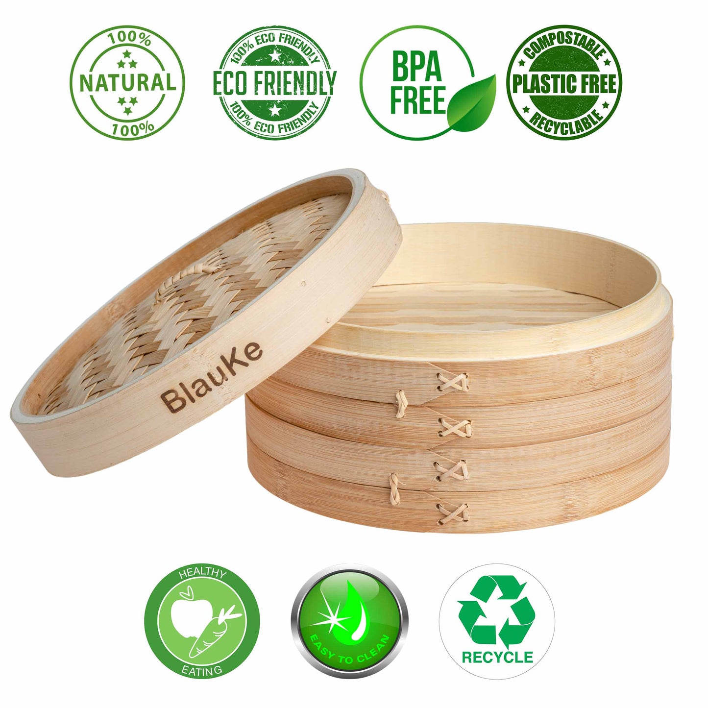 Bamboo Steamer Basket Set – 10" 2-Tier Dumpling & Vegetable Steamer with Accessories - Korvel