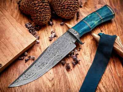 Artisan Crafted 13" Damascus Steel Confederate Bowie Knife with Camel Bone Grip & Leather Sheath - Korvel
