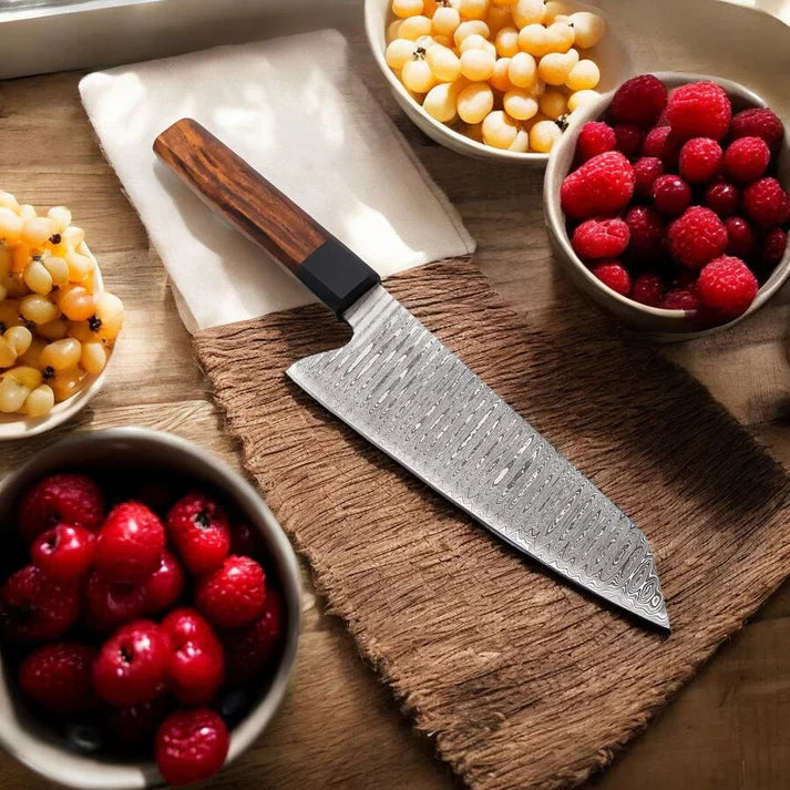 Artisan Damascus Santoku Knife - 7.5" Blade with Elegant Leather Sheath - Korvel