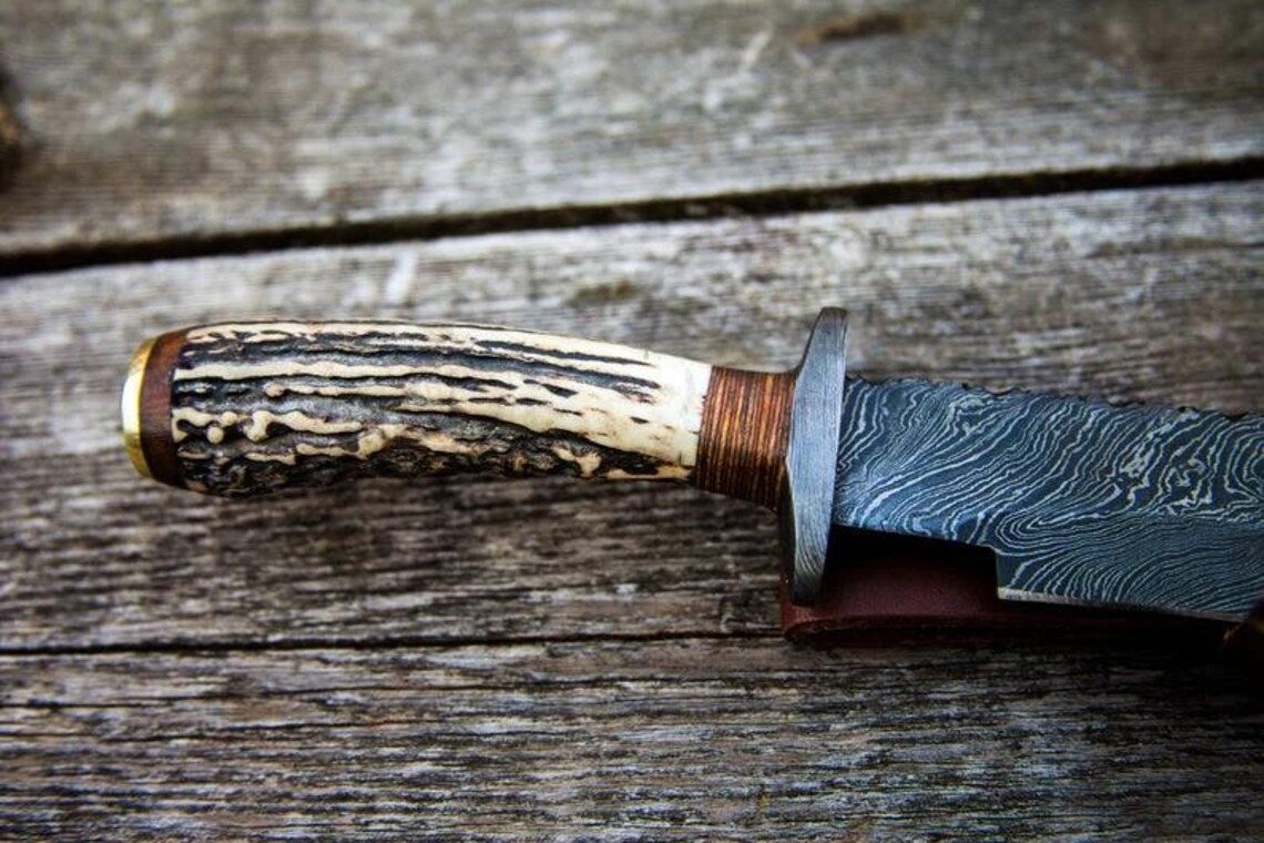 Authentic 1800s Bowie Knife – 15" Damascus Steel Blade with Stag Horn Handle & Leather Sheath - Korvel
