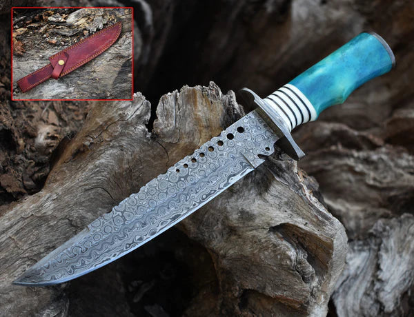 Artisan Crafted 13" Damascus Steel Bowie Knife with Camel Bone Handle & Leather Sheath - Korvel