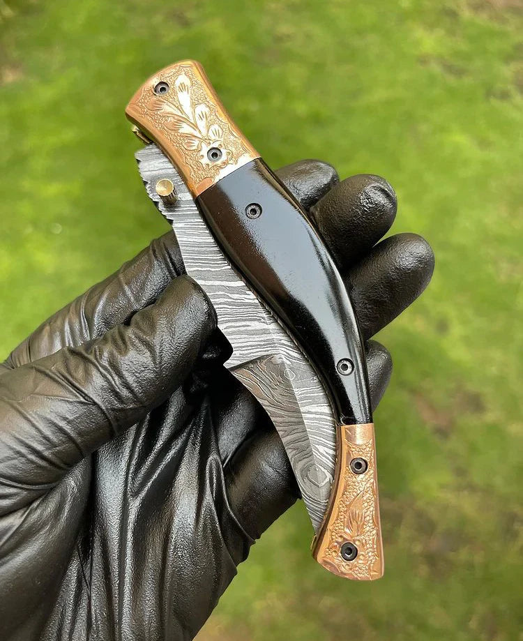 Artisan Crafted Damascus Steel EDC Folding Knife with Colorful Bone Handle & Brass Inlay - Includes Leather Sheath - Korvel