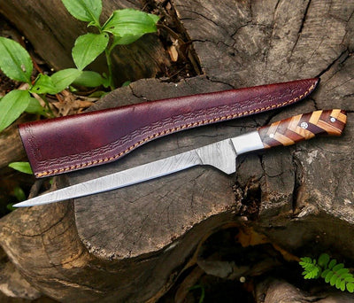 Cuchillo fileteador de Damasco premium de 8 pulgadas – Mango exquisito de palisandro y olivo con funda de cuero 
