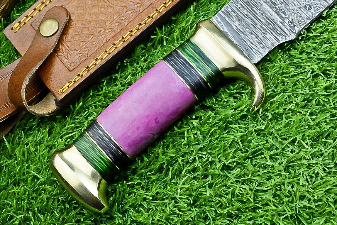 Premium Damascus Steel Bowie Knife - 16" Blade with Brass Guard & Pakkawood Handle, Includes Leather Sheath - Korvel
