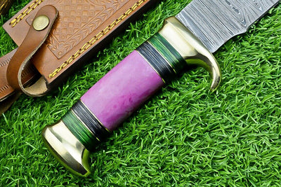Premium Damascus Steel Bowie Knife - 16" Blade with Brass Guard & Pakkawood Handle, Includes Leather Sheath - Korvel