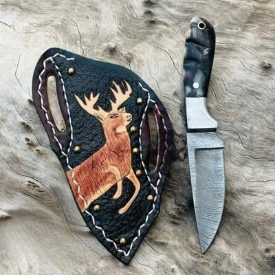 Artisan Crafted Damascus Steel Bull Cutter Knife with Leather Sheath – Essential Cowboy Tool - Korvel