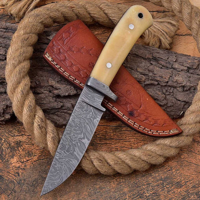 Artisan Crafted Full Tang Hunting Knife with Unique Fire Pattern Damascus Blade and Bone Grip - 8.75 Inches - Korvel