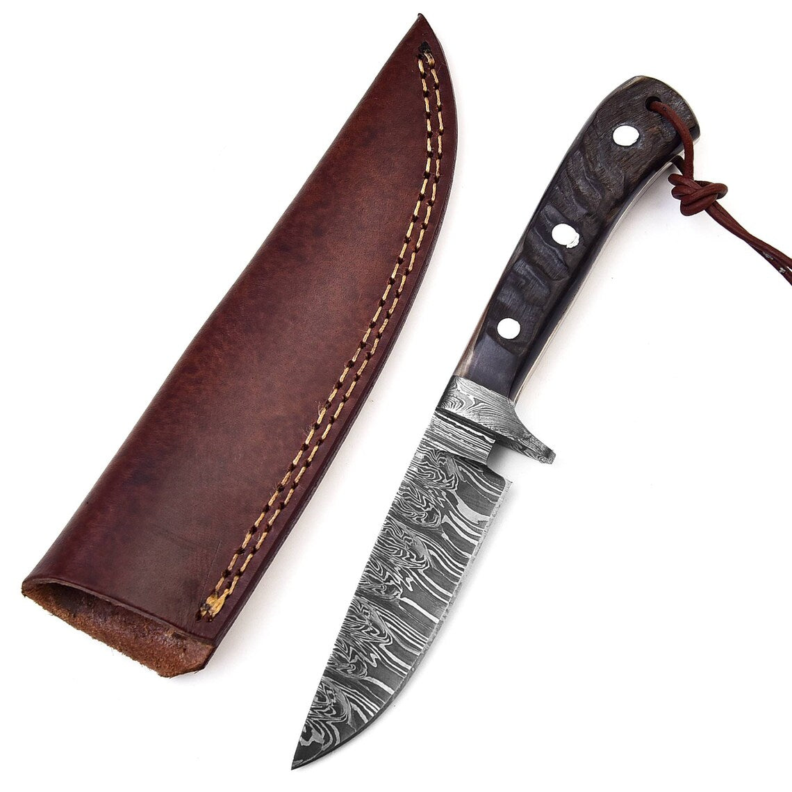 Artisan Crafted Hunting Knife with Unique Fire Pattern Damascus Blade and Sheep Horn Grip, 8.25-Inch Length with Leather Sheath - Korvel
