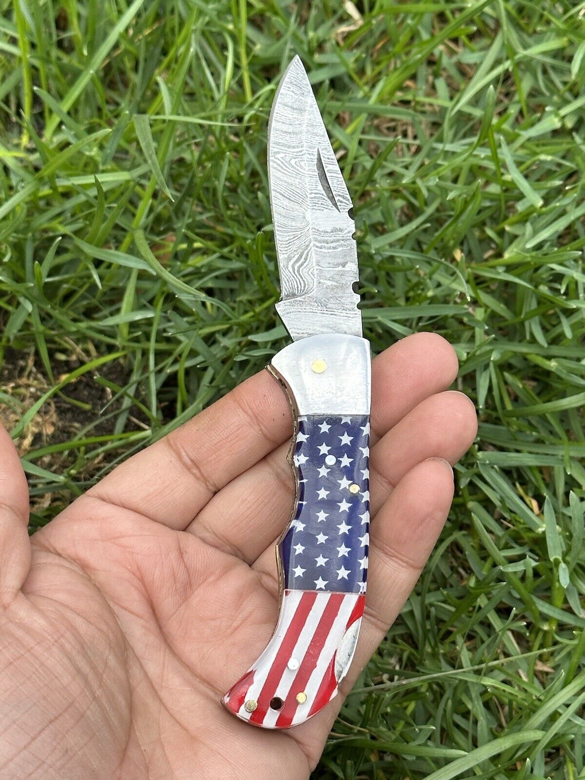 Custom Handmade Lone Star Damascus Pocket Knife with Bone Handle - Korvel