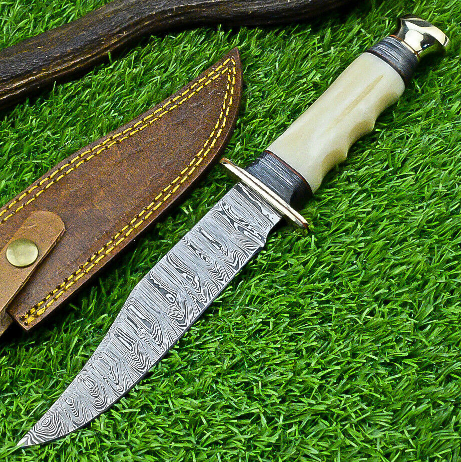 Premium Handmade Western Boulder Knife – 11" Damascus Blade with Unique Camel Bone Handle & Leather Sheath - Korvel