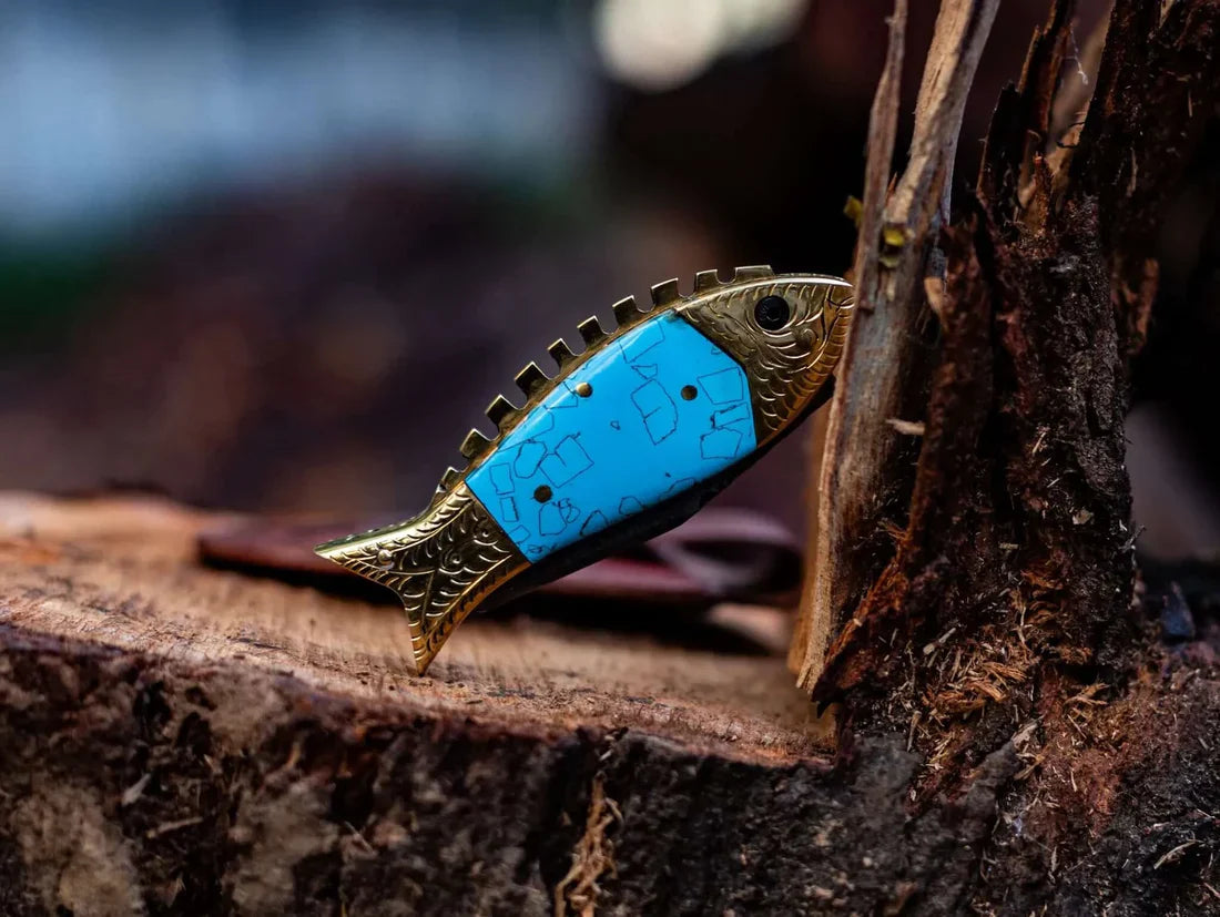 Artisan Crafted Fish-Inspired Damascus Steel Folding Knife with Epoxy Resin Handle & Brass Details - Includes Premium Leather Sheath - Korvel
