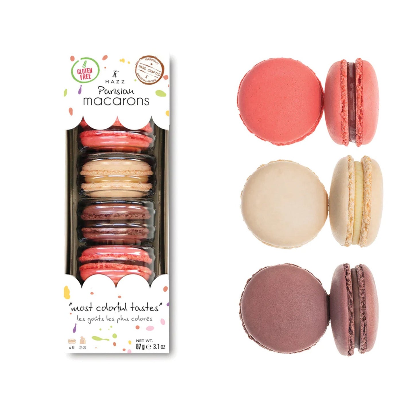 Hazz Macaron Chocolate, Frambuesa y Vainilla 87 g (3,1 oz) – Surtido de galletas francesas